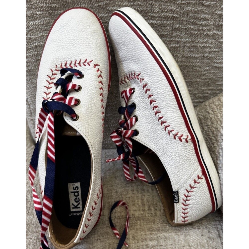 Keds Women Sz 10 Leather Lace-Up Baseball Sneakers In White, Red & Blue